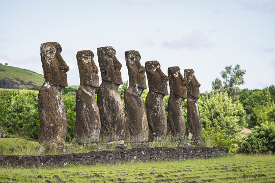 Seven Moai statues stand in a row on Easter Island
