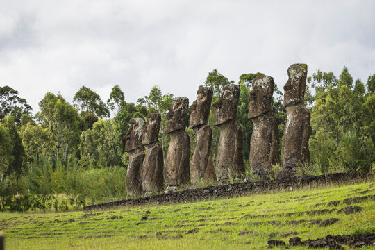 Ancient Moai statues of Ahu Akivi on Easter Island