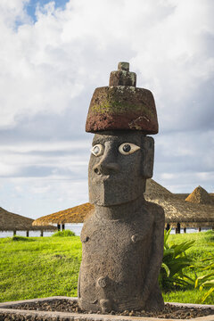 A restored Moai statue with eyes on Easter Island