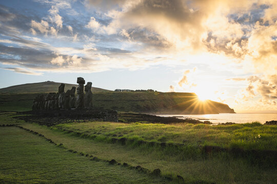 Ahu Tongariki Moai statues on Easter Island at sunrise
