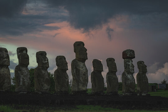 Mysterious Easter Island Moai statues at dusk