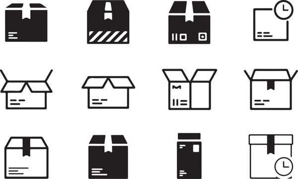 Flat pack delivery box icons set