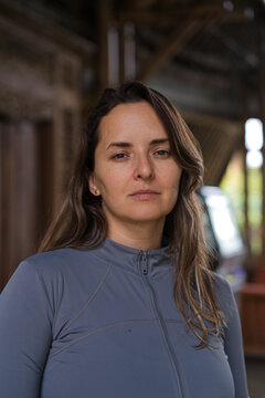 Serious woman portrait in sporty jacket, Munduk, Bali