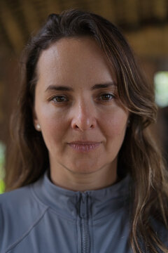 Serious woman portrait in sporty jacket, Munduk, Bali