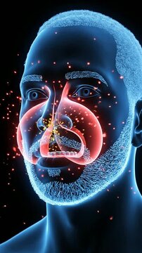 Cinematic Hologram Illustration of Allergic Reaction in Human with Highlighted Nasal and Respiratory Pathways Against Dark Background