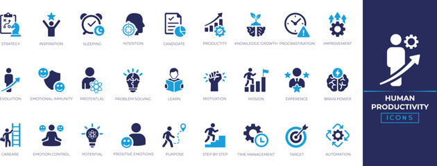 Fototapeta premium Human productivity icon set. Containing human, improvement, efficiency, task, focus, target, growth, routine and more. Solid icons collection.