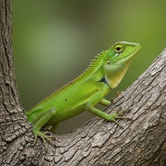 Fototapeta premium Vibrant Green Lizard Perched on a Tree Branch in a Lush Natural Habitat.