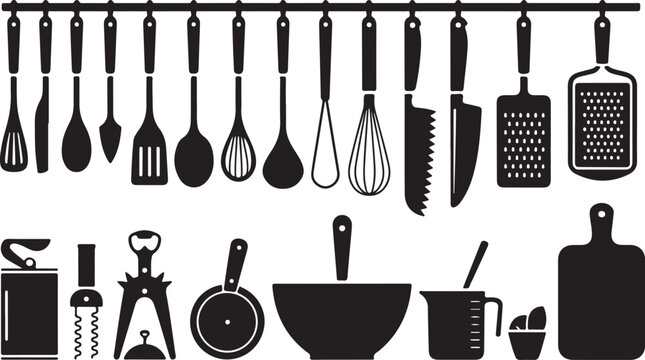 Black kitchen utensils and tools set illustration