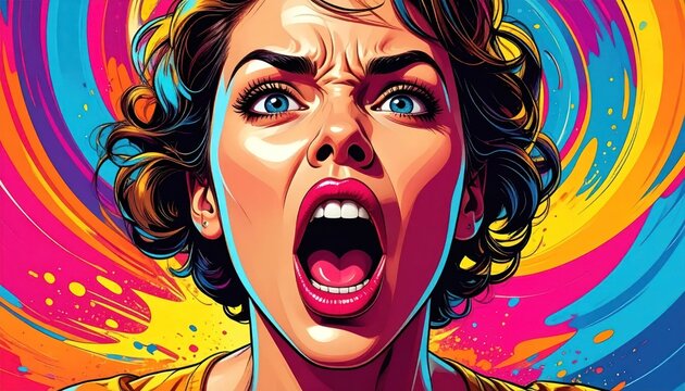 Pop art woman screaming against a colorful swirling background