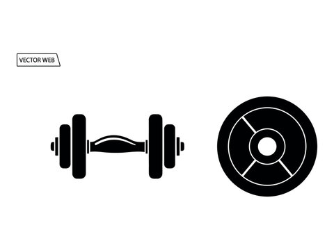 Black silhouette of dumbbells and weight plate fitness and exercise equipment illustration