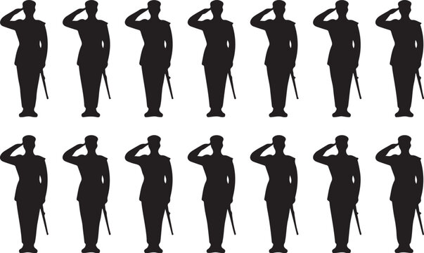 Silhouette soldiers saluting in a row