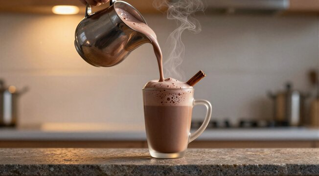 Hot chocolate being poured into glass mug on kitchen counter