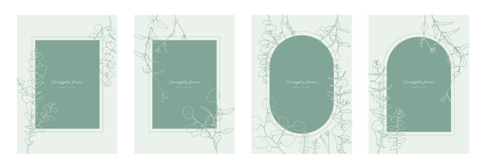 Elegant hand drawn eucalyptus line art and sage green botanical background frame set © Kikumio