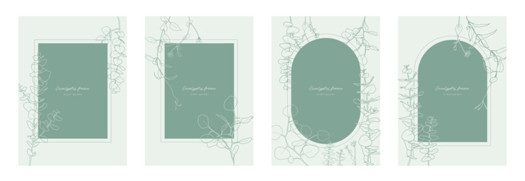 Elegant hand drawn eucalyptus line art and sage green botanical background frame set