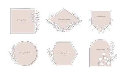 Elegant hand drawn eucalyptus and botanical line art geometric frame vector set © Kikumio