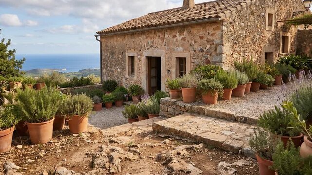 Charming exterior of old stone house in traditional Mediterranean style, with rustic garden terrace, rocky soil, Panoramic views of sea, gravel paths and surrounded by Terracotta herbs pots, 4K video