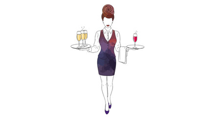 Fototapeta premium Elegant Abstract Watercolor Silhouette of a Waitress Carrying Champagne Glasses, Top View Line Art Illustration
