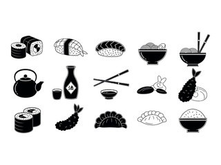 Black silhouette japanese cuisine icons sushi ramen tea and seafood collection © graphixarrow