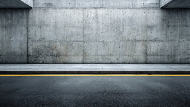 Concrete Wall and Asphalt Road with Yellow Line.
