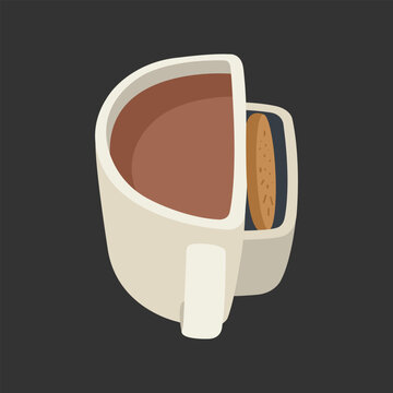 Flat vector illustration of a unique ceramic coffee mug featuring a built-in compartment for a biscuit or cookie.