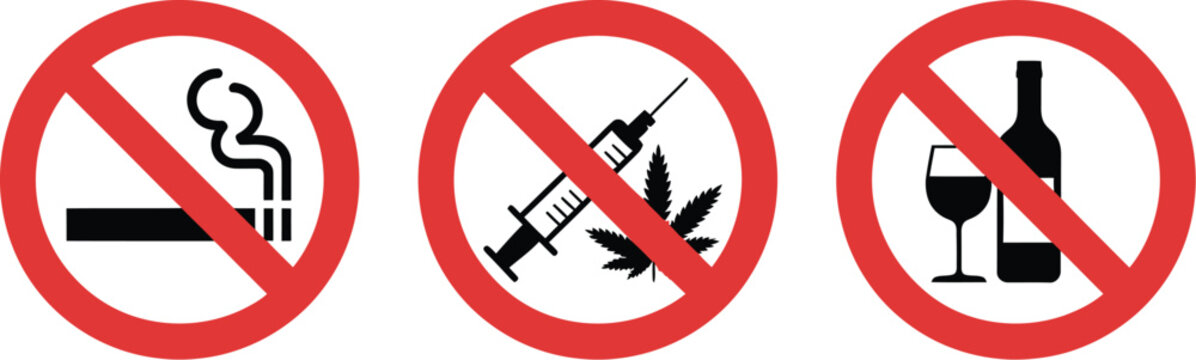 Prohibition signs, red circle slash icons showing no drugs, smoking, vaping, alcohol restrictions for safety areas, warning and regulation systems.