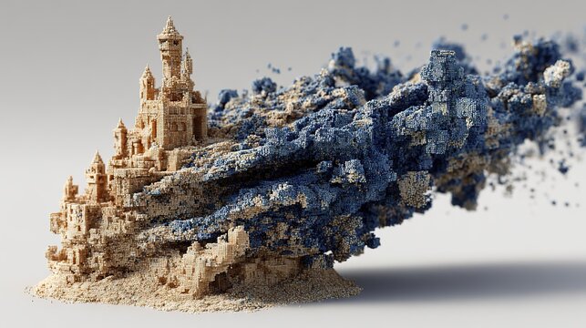 Intricate sand castle dissolving into digital pixels, fleeting memories concept capturing ephemeral childhood moments. 