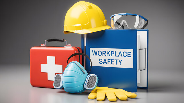 A collection of workplace safety equipment and a first aid kit on a gray background