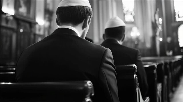 Monochrome shot of two men in hats inside a church. They sit facing forward in wooden pews. Dressed formally, they appear to be in prayer. Soft light streams through stained glass windows