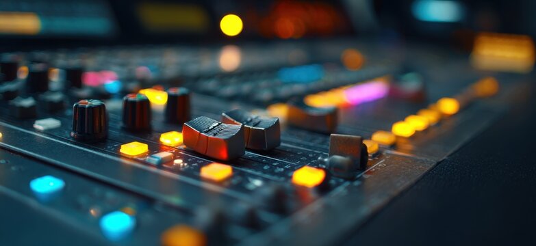 Close-up of a professional audio mixing console with illuminated faders and knobs.