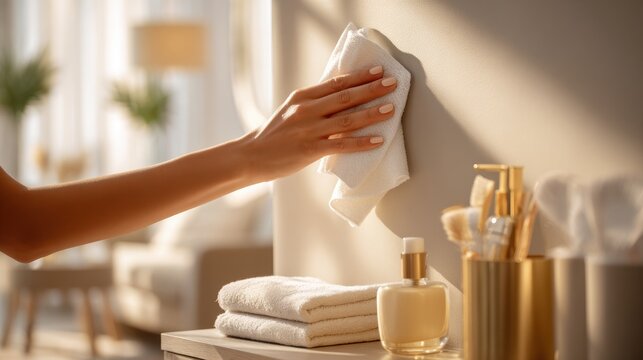 Woman's hand wiping a wall with a white microfiber cloth, maintaining cleanliness. A woman's hand meticulously cleans a surface with a soft cloth, emphasizing hygiene and tidiness in domestic setting