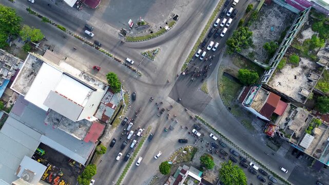 Aerial view of busy street traffic in Southeast Asia