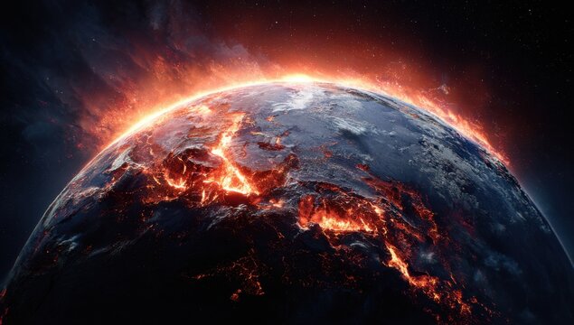 Apocalyptic Earth engulfed in flames and destruction.