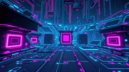 Fototapeta premium Futuristic interior, neon lights illuminate complex geometric structures. Dark background emphasizes vibrant blue, pink hues. Digital aesthetic dominates space.