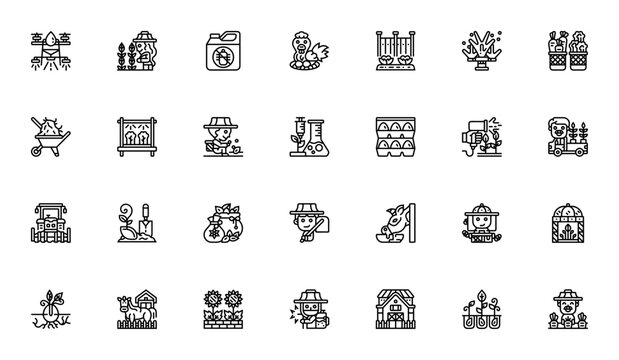 Agriculture icon set. Farm vector icons pack. Featuring drone, pesticide, hydroponic gardening, greenhouse, cultivation, farmer and more. Editable vector stroke.