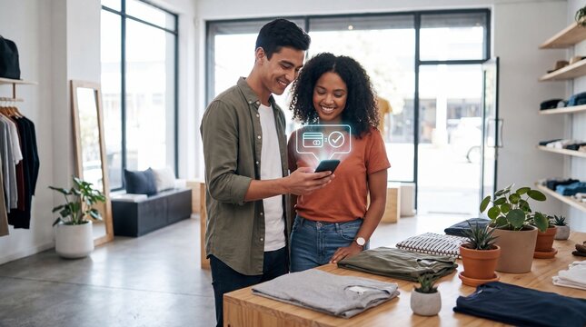 Shop Tech in action: A young couple interacts with a smart phone inside a well-lit fashion boutique, showing tech integration with shopping experience.