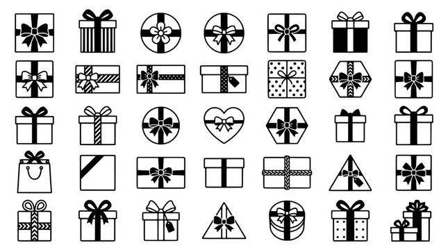 Gift icons doodle set with ribbon bows, tags, and patterned boxes for holiday design and packaging featuring gifts, present, presents with christmas