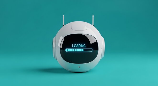 Futuristic robot head with a loading screen on its digital face, 3d render on teal background