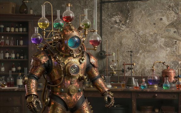 Steampunk diver in lab colorful flasks aged walls mysterious