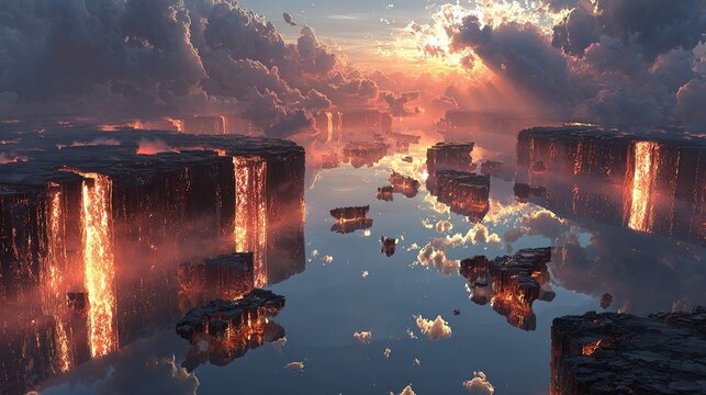 Surreal demon realm landscape featuring floating islands of eternal fire cascading with molten lava waterfalls into abyssal darkness.