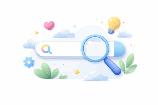 Colorful search engine interface with magnifying glass and nature elements