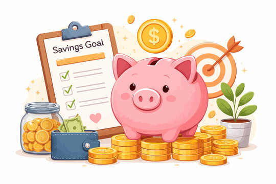 Cute piggy bank on coins with savings goal checklist and money jars