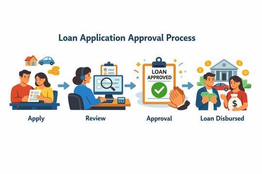 Loan application approval process illustrated in four stages