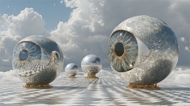 Surreal digital art featuring chrome spheres and realistic eyes floating mysteriously above geometric checkered plane under dramatic cloudy sky.