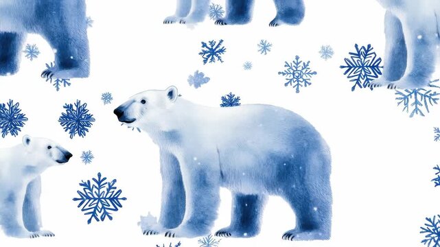 Seamless pattern of polar bears and snowflakes in blue on a white background.