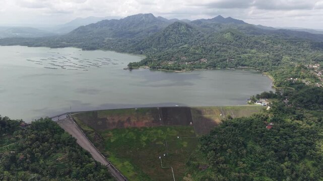 Aerial landscape of the Wadaslintang dam in Wonosobo, Yogyakarta, where there is a hydroelectric power plant
