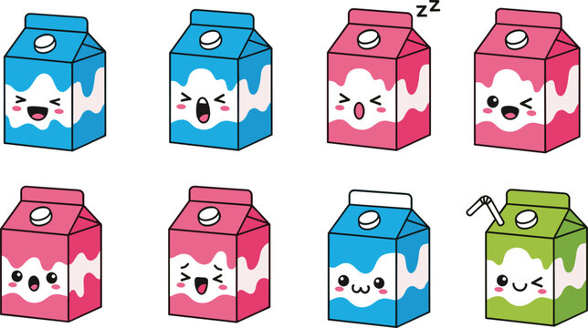 Cute Kawaii Milk Carton Illustration Set with Various Facial Expressions, Fun and Playful Characters for Kids and Beverage Designs