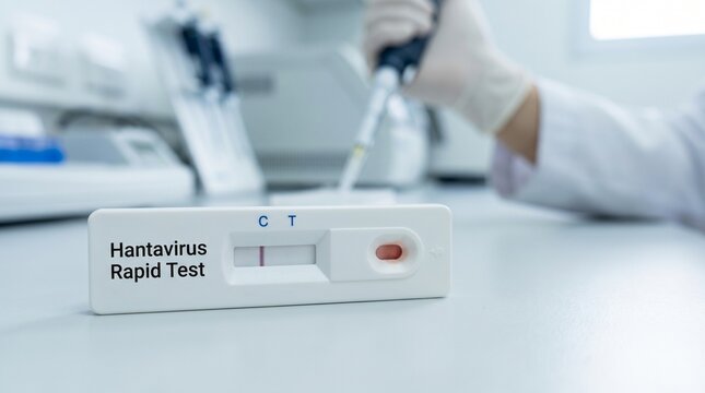 hantavirus disease symptoms Hantavirus Rapid Test Cassette with Positive Result in Laboratory Setting Photo for Medical Research, Healthcare Diagnostics & Clinical Education (JPG)