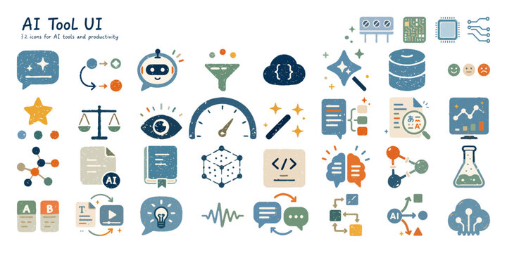     AIツールと生産性アプリのUIアイコンセット、テクノロジー素材／AI tool UI icons, productivity app, technology interface, workflow symbols
