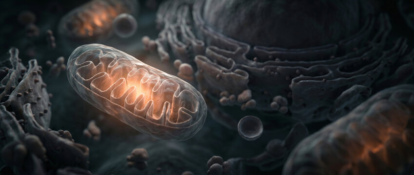 Scientific 3D rendering of a glowing mitochondrion organelle generating cellular energy within a complex microscopic environment featuring a nucleus and endoplasmic reticulum detail.