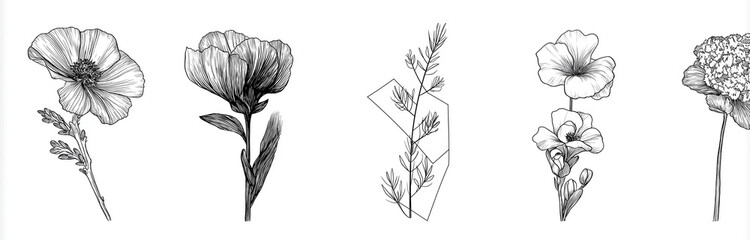Obraz premium abstract botanical logo set, vector line drawing with simple shapes, floral elements, and geometric forms. monochromatic white background with a minimalistic design for branding in the style of minima